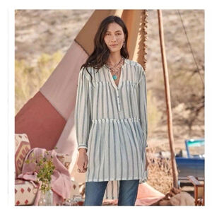 Sundance M White & Blue Striped Semi Sheer Button Front LS Hi/Low Peasant Dress